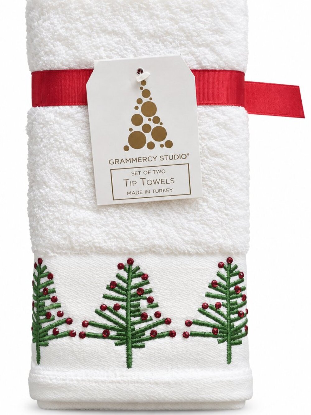 Christmas Tree Rhinestone Fingertip Towels Embellished Embroidered Set of 2